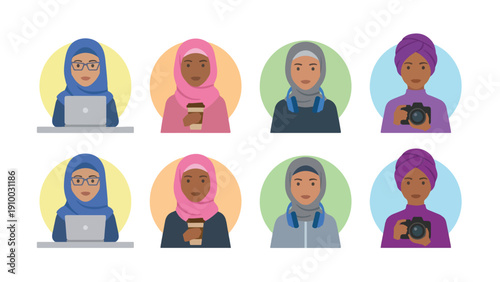 Modern Muslim Woman Lifestyle Character Avatar Set, Islamic Female Professional Worker Student Collection