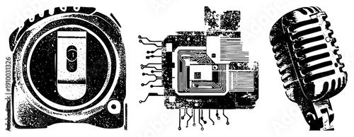 Retro microphone, camera lens, and circuit board graphic, halftone style, tech and symbols, vector art.