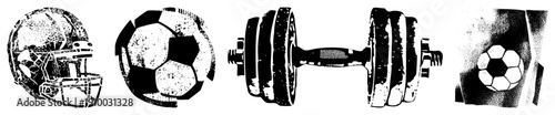 Sports gear rendered in halftone vector style football helmet, soccer ball, dumbbell, and tattooed ball. Athletic equipment symbols with gritty texture and bold.