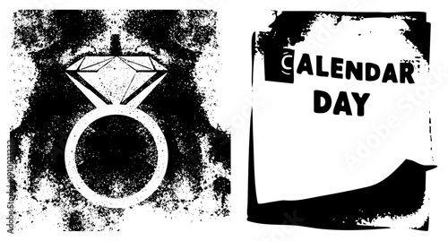 Diamond solitaire ring with textured background, calendar day label, wedding proposal, event marker, milestone symbol, anniversary graphic.