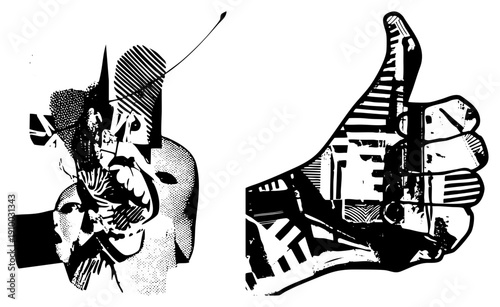 Graphic illustration of hand gesture approval, microphone holding, pop art style, black and white, halftone shading, isolated vector, approval symbol, presentation.