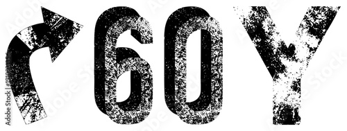 Distressed black arrow and "60Y" letters with speckled texture, vector typography, retro design, graphic element, bold stencil style.