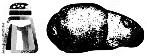 Salt shaker with perforated top and striped body, potato with speckled halftone texture, vector graphic, black and white, stylized food items, isolated foreground.