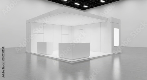 Empty white exhibition stand with two counters in a large, bright hall.