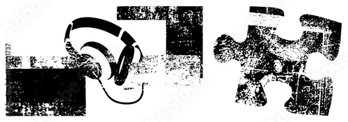 Stylized headphones and puzzle pieces with distressed texture, graphic set, digital art, vector illustration, and logic symbols.