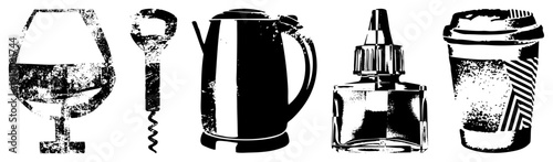 Grunge textured black and white vector of wine glass, corkscrew, kettle, ink bottle, and coffee cup, ideal for retro branding or print.