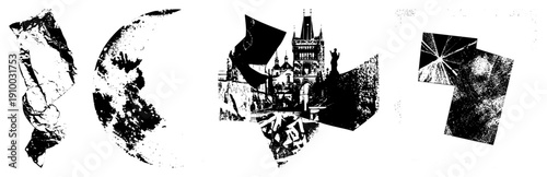 Black and white graphic collage with torn paper textures, cityscape fragments, celestial motifs, halftone grain, vector art style.