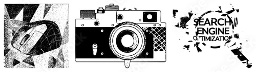 Retro analog camera with textured grip, circular lens, shutter dial, and film advance lever, classic equipment, black and white vector illustration.