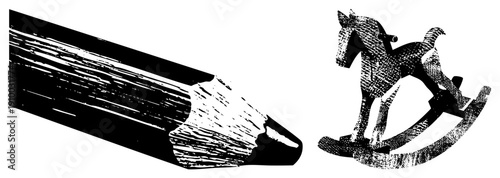 Black and white halftone pencil and wooden rocking horse, creative childhood symbol, educational art tools, stylized vector graphic, design.