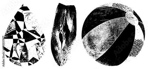 Fragmented teardrop, textured elongated shape, halftone beach ball stylized vector graphics with bold contrast and graphic texture.