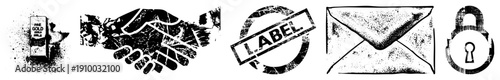 Distressed black and white vector including gold bar, handshake, label stamp, envelope, and padlock, ideal for branding or security themes. Grunge texture,, symbolic.
