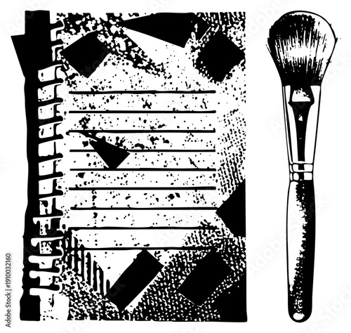 Artistic black and white vector illustration of makeup brush and palette, graphic design element, cosmetic tools, beauty industry, stylized beauty product.