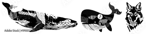 Black and white whale and wolf portraits with abstract, halftone textures, graphic design, vector art, wildlife illustration, isolated animal motifs.