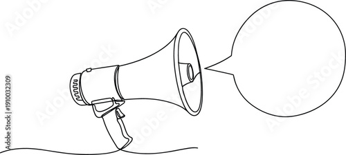 Continuous line drawing of a megaphone with a blank speech bubble for announcements and marketing news