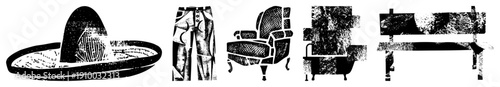 Classic Mexican sombrero with wide brim, trousers, vintage armchair with scroll legs, clawfoot bathtub, rustic wooden bench all in halftone vector style.