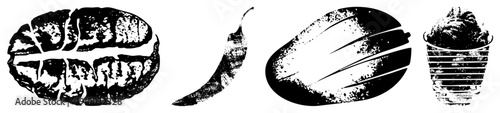 Black and white halftone illustrations of coffee bean, chili, avocado, and ice cream cup, gritty texture, stylized food, vector graphic, isolated elements.