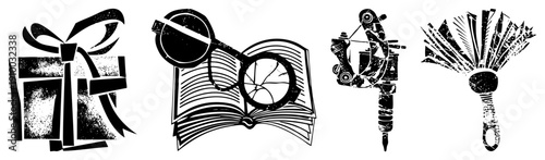 Stylized gift box with bow, open book with magnifying glass, tattoo machine, and feather fan all in bold black vector art with halftone texture. Ideal for creative branding or educational themes.
