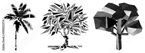 Palm tree silhouette, fragmented typographic tree, halftone textured tree all vector art,, graphic design elements, isolated foregrounds.