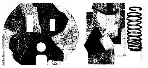 Stylized black and white vector forms with halftone grain, circular and angular shapes, isolated spring graphic, graphic design elements, modern art composition.