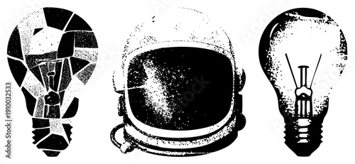 Space helmet and lightbulb rendered in halftone style, vector graphic,, conceptual symbols for innovation and exploration, isolated elements.