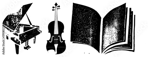 Musical instruments and literature symbols rendered in halftone style, piano keyboard, violin strings, open book pages, artistic, educational or cultural.