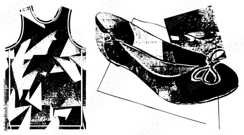 Bold black and white vector art of athletic tank top with angular shapes and elegant high heeled shoe with bow, halftone texture, graphic design elements.