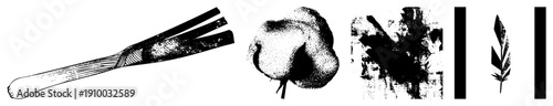 Artistic black and white vector brushstroke texture, cotton boll, ink splatter, feather, vertical bars minimalist graphic elements for design.