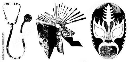 Medical stethoscope, open book with radiating, lucha libre mask, black and white vector, distressed texture, symbolic representation.