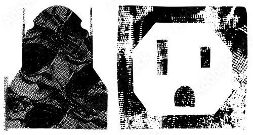 Retro style halftone print of electrical outlet and ornate wall plate, vector art, black and white, textured, isolated design elements.