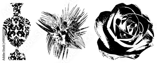 Decorative vase with damask, spiky tropical bloom, and layered rose in high contrast vector art, ideal for graphic design, tattoos, or print.