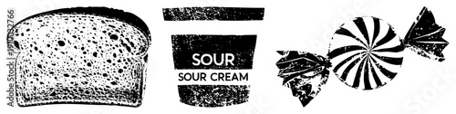 Retro halftone illustrations of toast, sour cream container, and striped candy. Classic food graphics with distressed texture, palette, and bold.