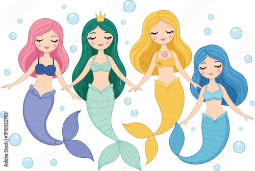 Vector illustration set of four beautiful cartoon mermaids with colorful hair and tails surrounded by bubbles
