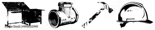 Black and white vector of construction tools and equipment, including workbench, threaded pipe elbow, claw hammer, and hard hat, isolated on transparent background.