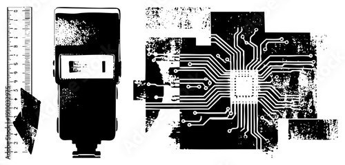 Vector illustration of electronic components, circuit board layout, ruler scale, tech schematic, engineering design, digital hardware blueprint.