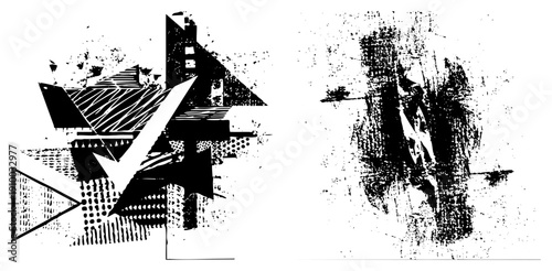 Graphic design featuring fragmented geometric shapes, halftone, and stark black and white contrast, ideal for modern art or print.