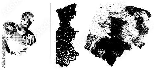 Graphic design elements using halftone, abstract shapes, and glyph inspired forms, rendered in with high contrast and texture variation.