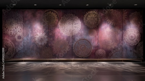 Elegant Decorative Wall Design with Intricate Patterns in Purple and Gold Hues for Modern Interiors or Art Installations