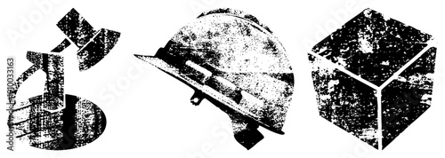 Retro stylized anchor, safety helmet, and geometric cube with distressed halftone texture, vector graphic, isolated symbols for design, industrial, maritime, construction, and architecture themes.