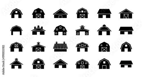 Barn Icons Set: Farm Building Silhouettes Collection