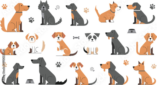 Dog Breeds Cartoon Vector Set with Domestic Canine Pets Food Bowls Paw Prints and Bones Isolated on White Background