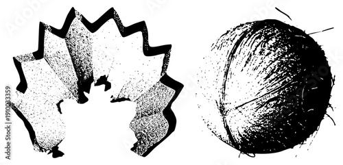 Mechanical gear with jagged teeth and spherical object, both depicted in halftone dot shading, vector illustration, technical drawing, mechanical design, isolated elements.