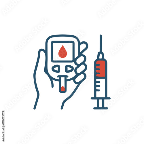 Diabetes Blood Sugar Test Medical Icon Flat line medical icon of blood glucose test device and insulin syringe