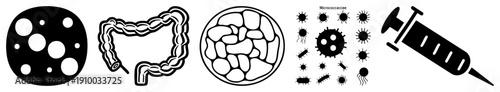 Black vector depicting cellular organelles, intestinal tract, bacterial colonies, and syringe, used in medical and biological contexts.