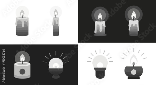 Candle and light bulb icons set in grayscale