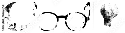 Retro eyewear with textured, fragmented design, abstract lens shapes, graphic vector art, isolated cutout, aesthetic, stylized optical frames.
