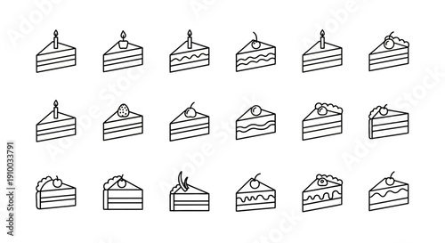 Cake slice line icons set, dessert pieces