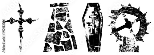 Stylized gothic symbols including, coffin, gear, and abstract emblem, rendered in halftone texture, vector art, isolated foreground.