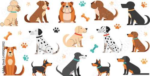 Cute Dog Breeds Vector Set with Domestic Canine Pets Paw Prints and Bones in Flat Cartoon Style Isolated on White Background