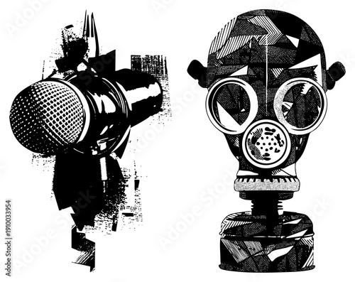 Retro microphone with mesh grille and gas mask with filter, both rendered in high contrast halftone, punk aesthetic, protest art, stencil style, black and white vector illustration.