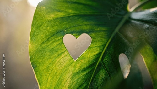 A vibrant green leaf features a perfectly cut heart shape, glowing in warm backlighting and symbolizing a deep, eco-friendly love for nature and the environment.